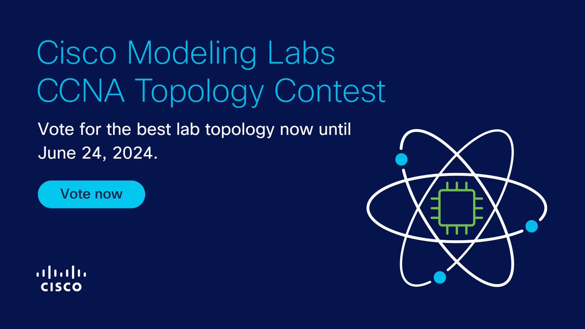 Community voting is now open for the Cisco Modeling Labs #CCNA Topology Contest! Check out all 19 topology entries and vote for your favorite by June 24, 2024. 😍 

✅ Vote now on the Cisco Learning Network: cs.co/6010eip5Y

#Cisco #CiscoCert #CML