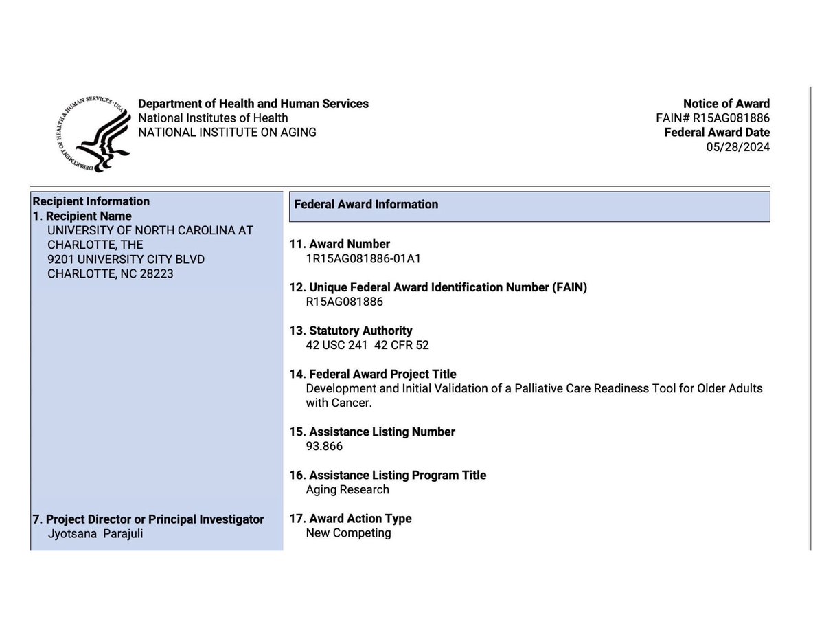 Excited to share that I received Notice of Award from @NIA @NIH for my R15 study focused on developing and validating a palliative care readiness tool for older adults with cancer. Thank you @MBakitas @GrantWilliamsMD for collaborating and mentoring me!
 #NOA #Gerionc #Geripal