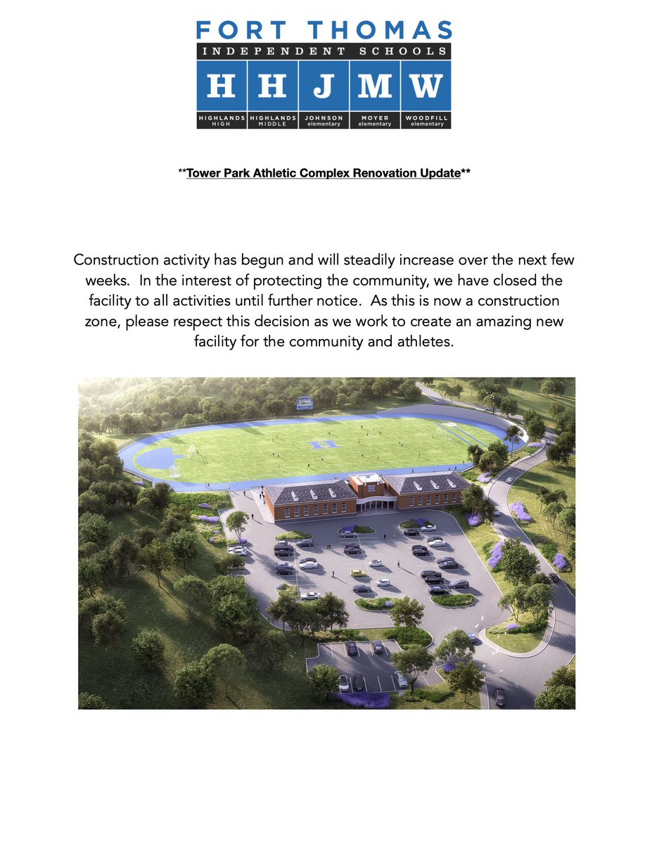 To our Fort Thomas Community, Please see the update on construction at the Tower Park Athletic Complex. An incredible facility awaits once the renovation is complete. Thank you! @fortthomasky @FTSUPT