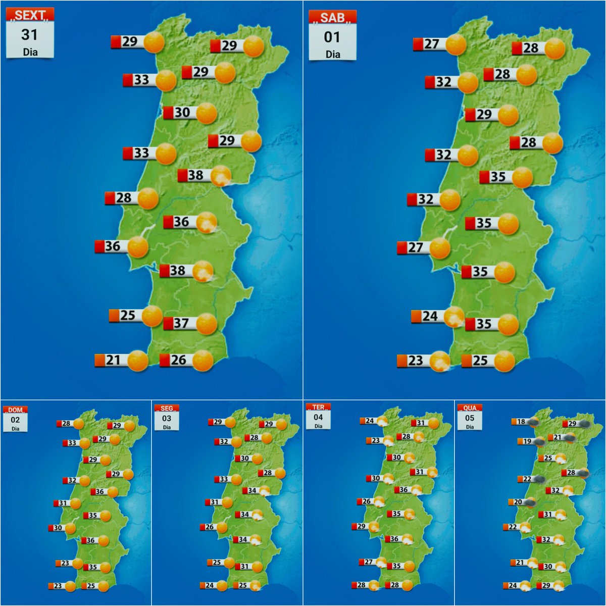 VERÃO METEOROLÓGICO ENTRARÁ COM TEMPO DE VERÃO 🥵
Atualização de mapas significativos e máximas previstas até quarta-feira, dia 5 de junho: