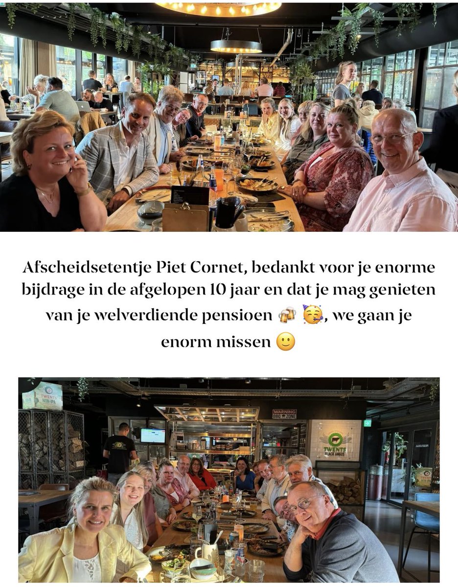 PostmaAdvies's tweet photo. Afscheidsetentje Piet Cornet, bedankt voor je enorme bijdrage in de afgelopen 10 jaar en dat je mag genieten van je welverdiende pensioen 🍻 🥳, we gaan je enorm missen 🙂

#postmaadvies #welverdiendpensioen #10jaarpiet #twentsebierbrouwerij https://t.co/ACR66b2m5W