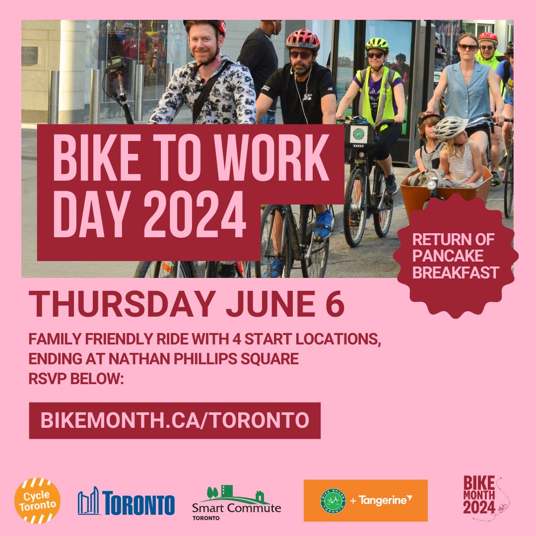 Bike to Work Day is one week away!

An annual tradition, the ride brings people from across Toronto together at Nathan Philips Square before heading to work. Whether you ride every day or haven’t ridden in years, this event is for you.

Learn more here:

bikemonth.ca/toronto_bike_t…