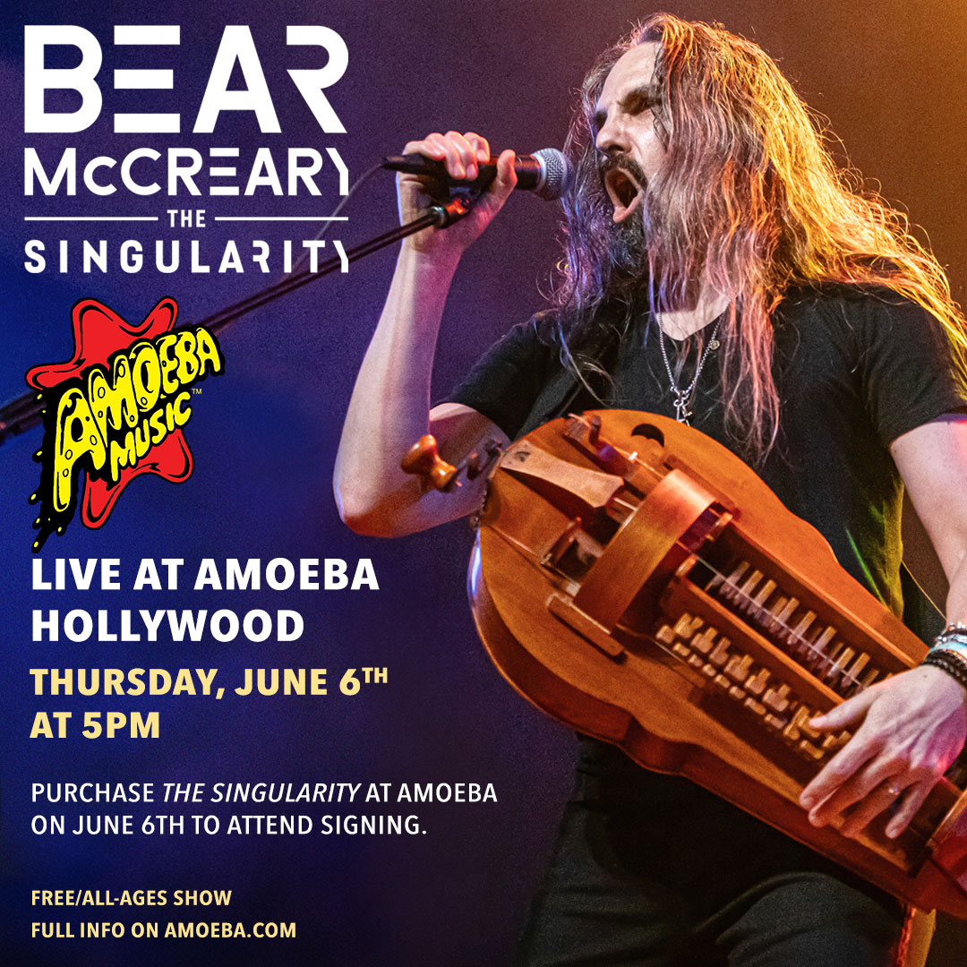 Composer @bearmccreary is performing live + signing his new project 'The Singularity' at Amoeba Hollywood Thursday, June 6 at 5pm! To attend the signing, purchase 'The Singularity' on 3LP or its companion graphic novel in-store at Amoeba on 6/6. Details: bit.ly/4aq0uqs