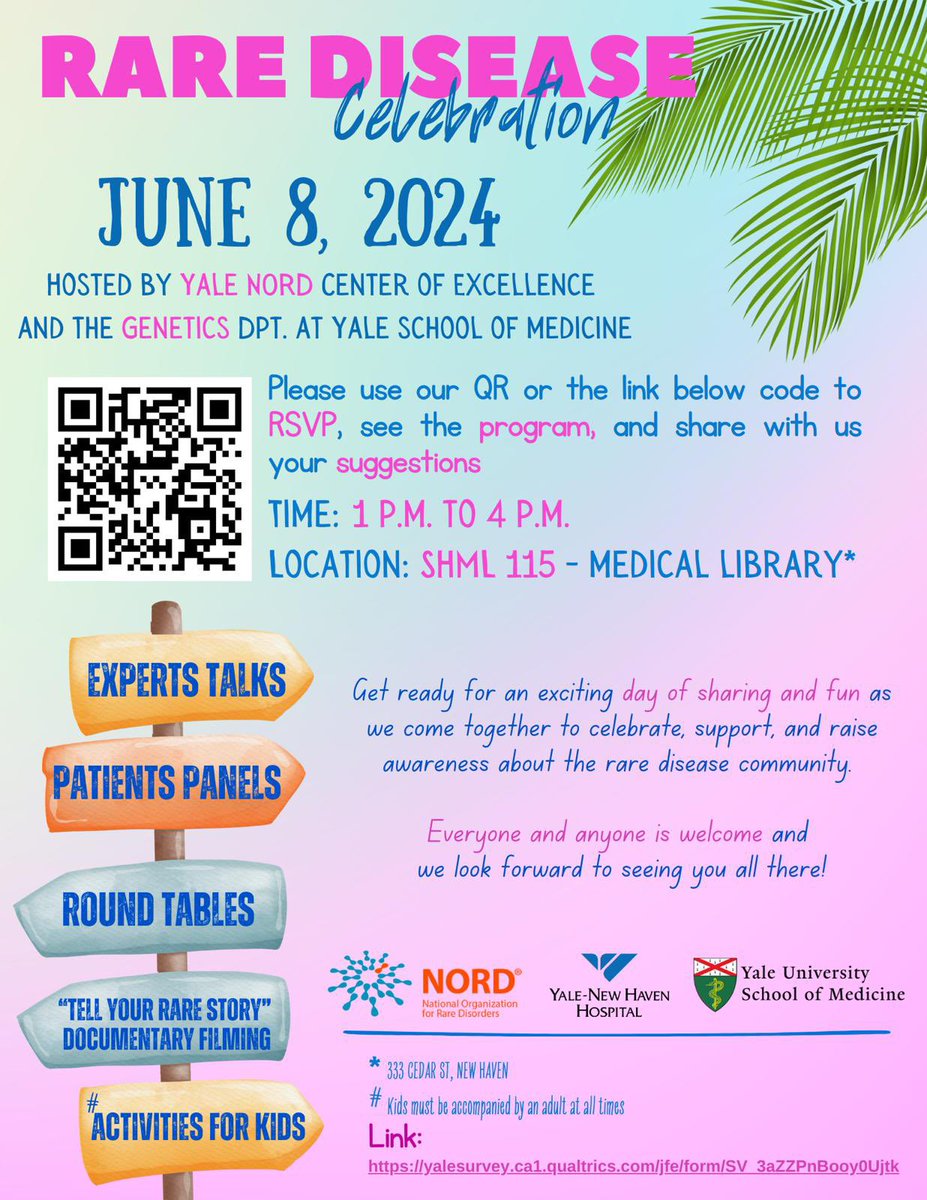 SAVE THE DATE  ⚠️

Join us on June 8th to celebrate, support, and raise awareness about our Rare Disease Community. Everyone is welcome! 🎉☀️

📍SHML 115, 333 Cedar St, New Haven

👉🏼Children’s fun activities available! 

Registration and program: 
yalesurvey.ca1.qualtrics.com/jfe/form/SV_3a…