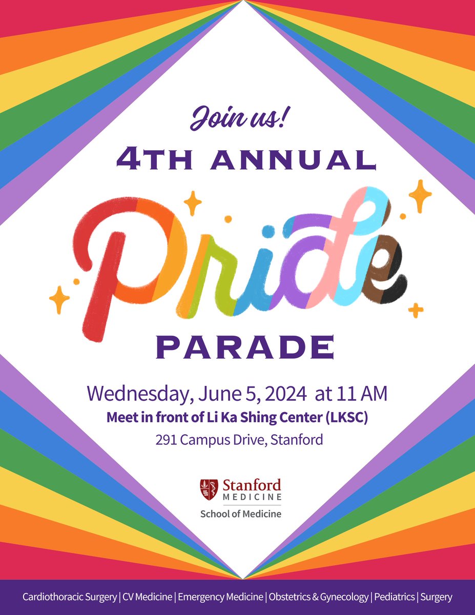 🏳️‍🌈 Join @StanfordSurgery @StanfordEMED @StanfordCTSurg @StanfordPeds @StanfordOBGYN & CV Med for the 4th Annual Pride Parade next week June 5! Meet at @StanfordMed Li Ka Shing Center. All are welcome! #StanfordPride2024 ❤️🧡💛💚💙💜🤎🖤 More info: ow.ly/BCfP50S2O68