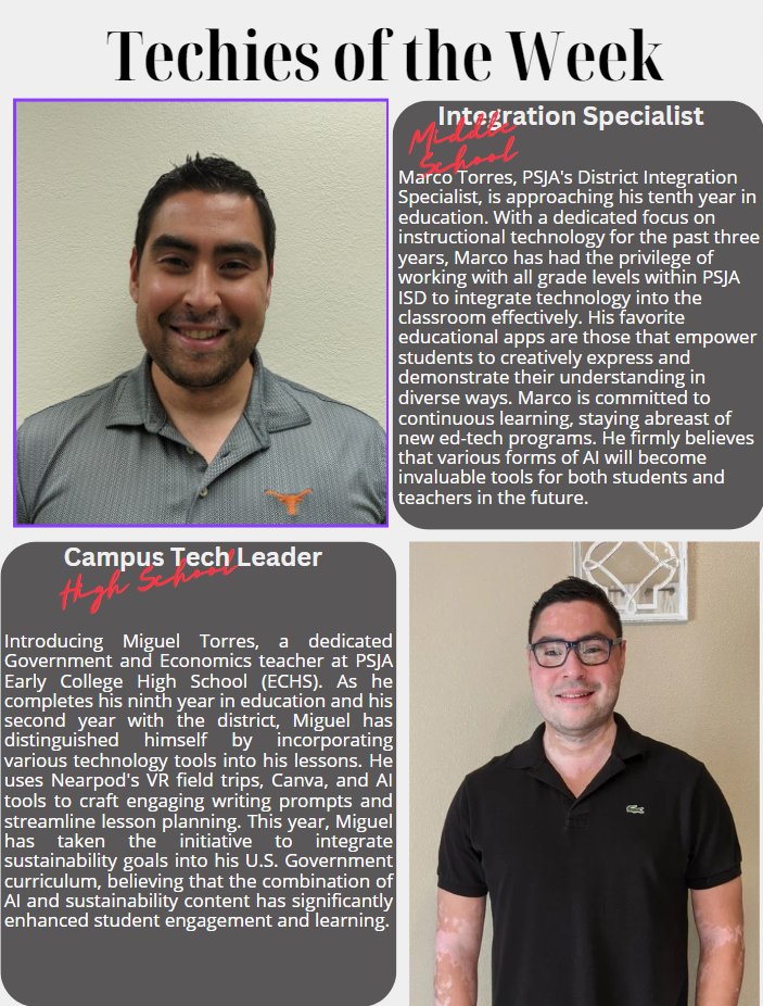 Hi PSJA ISD Family Check out our Techies of the week Gabriela Cantu from Berta Palacios Elem., Patricia Ramirez from Edith &amp; Ethel Carman, Marco Torres from Instructional Technology, and Miguel Torres from PSJA Early College High School. All Hardworking and amazing individuals.🤩
