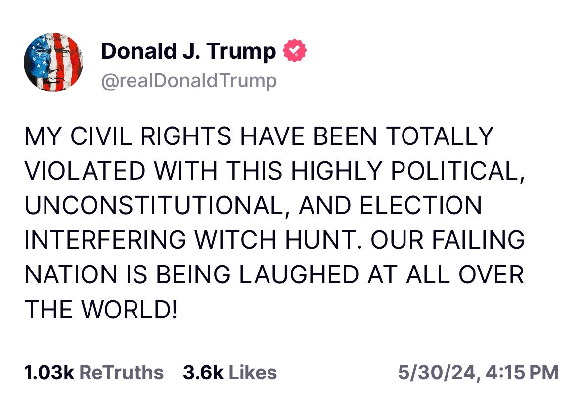 Trump ha publicado esto tras saberse que hay un veredicto: 'MIS DERECHOS CIVILES HAN SIDO TOTALMENTE VIOLADOS CON ESTA CAZA DE BRUJAS ALTAMENTE POLÍTICA, INCONSTITUCIONAL E INTERFERENTE EN LAS ELECCIONES. ¡EN TODO EL MUNDO SE RÍEN DE NUESTRA NACIÓN FRACASADA!'.