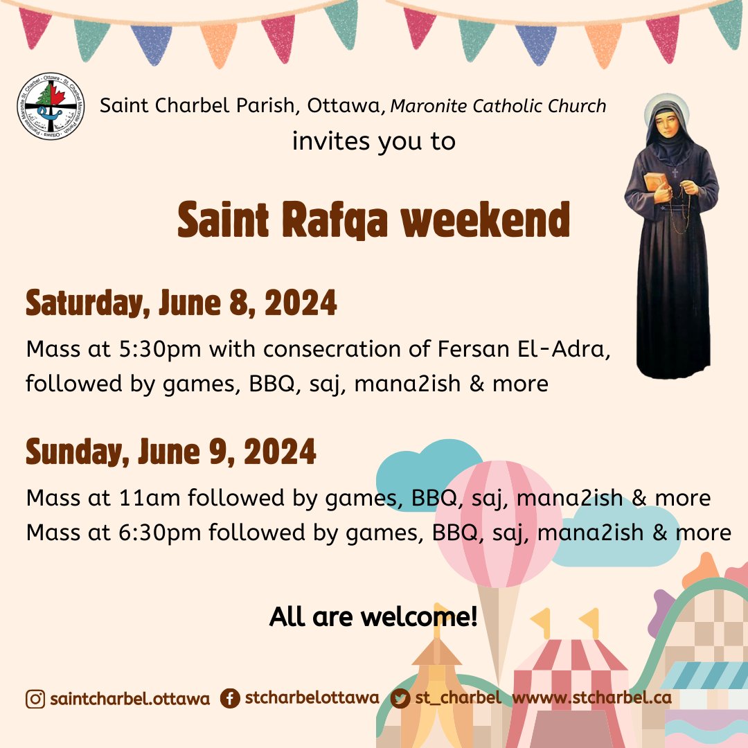 St_Charbel's tweet photo. Join us on June 8 and 9 to celebrate the Feast of #SaintRafqa with the consecration of our Fersan El-Adra and full days of family fun! 😍 https://t.co/Ei0lVMEGxN