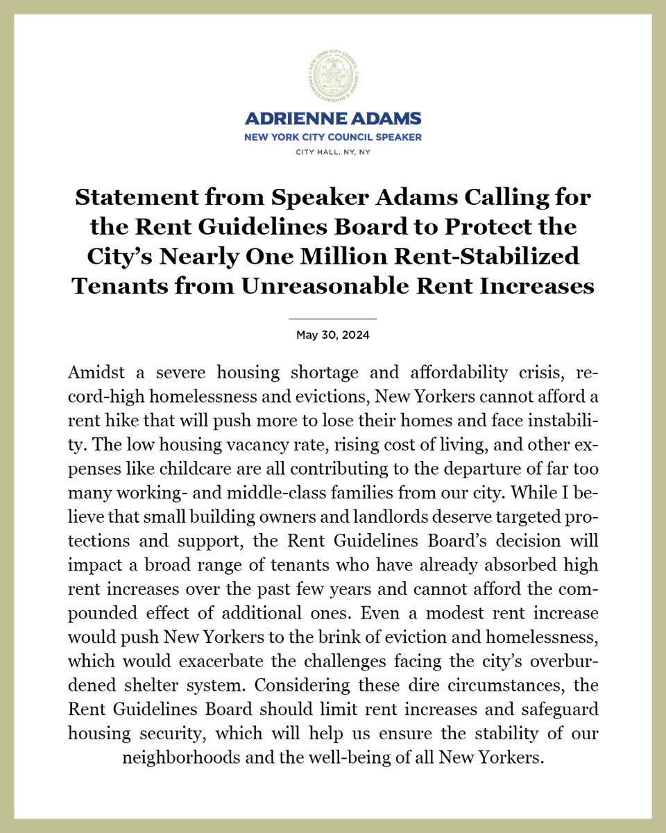 New Yorkers are already struggling to make ends meet, and even a modest rent hike would push many to the brink of eviction and homelessness. That's why I'm calling on the Rent Guidelines Board to protect nearly 1 million rent-stabilized tenants from excessive rent increases.