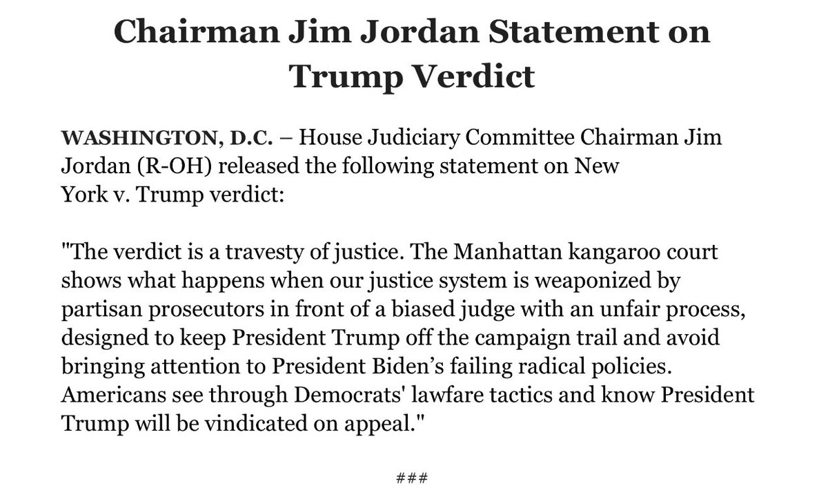 #BREAKING: <a href="/Jim_Jordan/">Rep. Jim Jordan</a> Statement on Trump Verdict