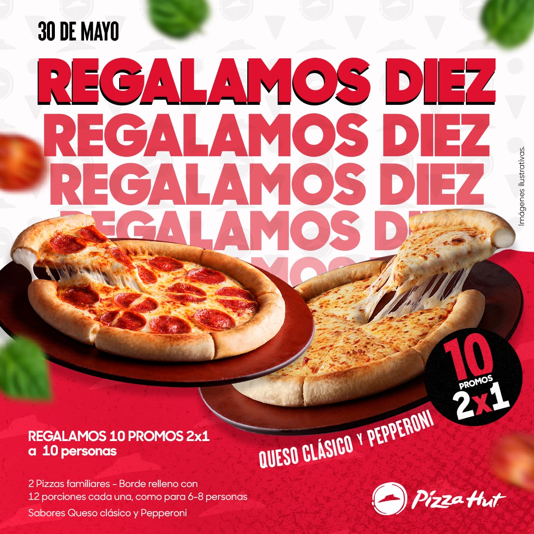 ¡CHAU MAYO! Y así finalizamos…

¡Regalamos 10 promos 2x1 a 10 personas! 

2  familiares borde relleno con 12 porciones c/u como para 6-8 personas 🍕

Para participar sólo: 
Seguinos
Dale like al posteo.
Comentá el posteo. 

Dale RT tenés más chances de ganar! 🍕#PizzaHutPy