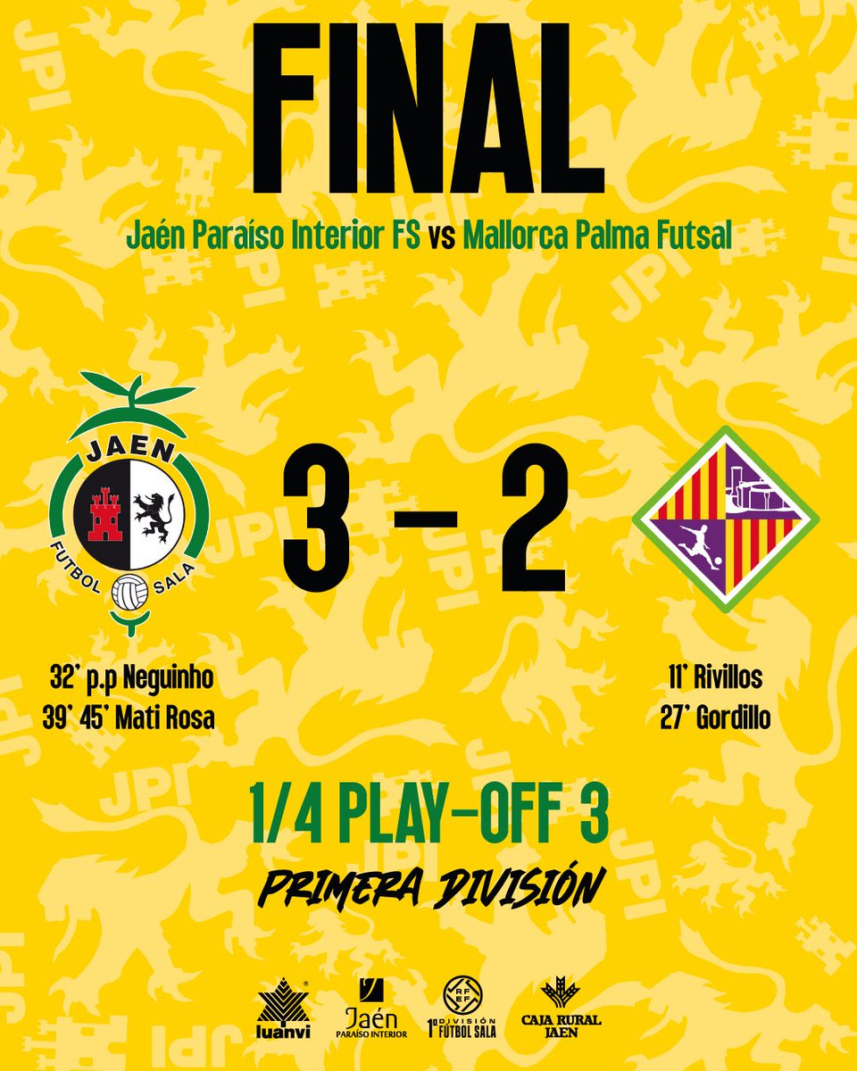⏱️ 46' | 3 - 2 | <a href="/JaenFS/">Jaén Paraíso Interior FS</a> - <a href="/PalmaFutsal/">Illes Balears Palma Futsal</a>

🎙️ ¡ESTAMOOOOOOOOOOOS EN SEMIS!

📺 Teledeporte y FEF TV
 
#SomosJaén💛