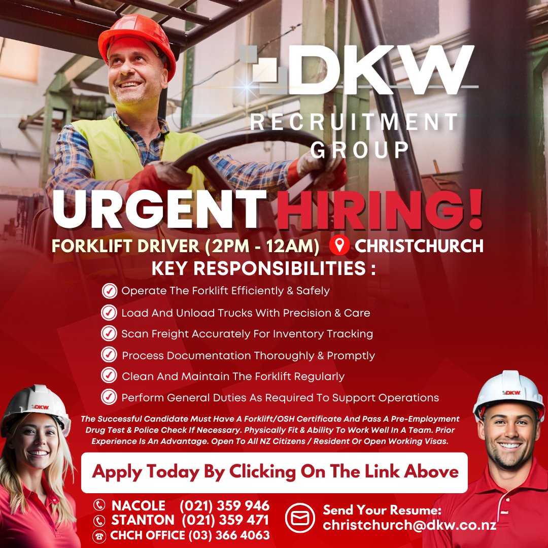 DKW_Recruitment's tweet image. FORKLIFT DRIVER (2 PM - 12 AM) NEEDED IN CHRISTCHURCH - Click The Link To Apply: adr.to/ziiekai
📧 Email to christchurch@dkw.co.nz

#ForkliftDriver #ChristchurchJobs  #ChristchurchNZ   #HiringNow  #NewZealandJobs