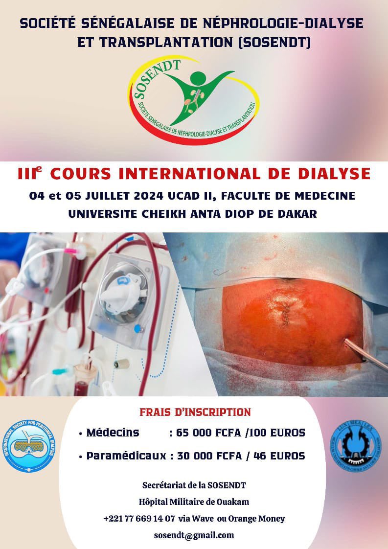 #AfricanAFRAN is proud to announce its collaboration with #ISPD1 and #SODENT in organizing on the 4th and 5th of July 2024 the Dakar International Dialysis course, including PD workshops- Those interested to contact AFRAN .#Baxter