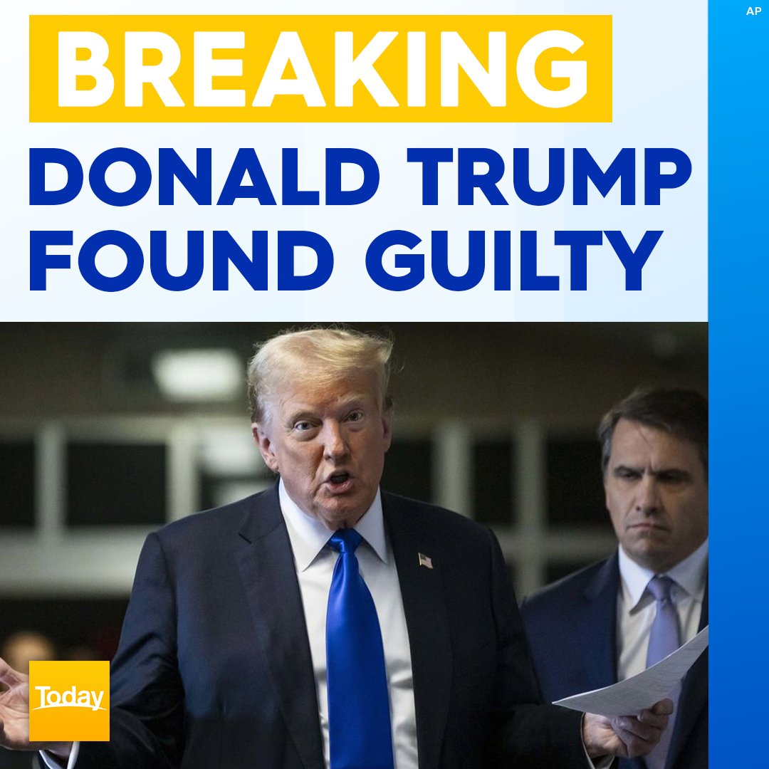 #BREAKING: Former US President Donald Trump has just been found guilty on all 34 counts of falsifying business records in his hush money trial in New York. #9Today READ MORE: nine.social/IVA