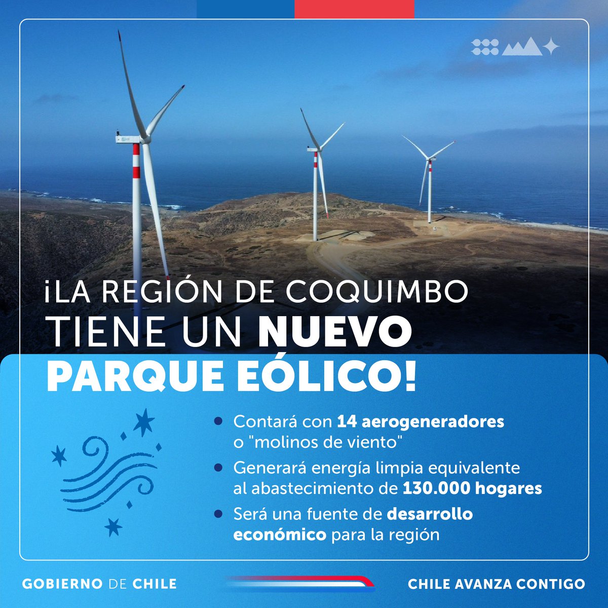 ¡Sumamos más #EnegíasLimpias en la región de Coquimbo! ⚡️ Hoy se inauguró el Parque Eólico Punta de Talca, que consta con 14 nuevos aerogeneradores. Un nuevo hito en la generación de energías renovables, gracias a la colaboración público - privada.