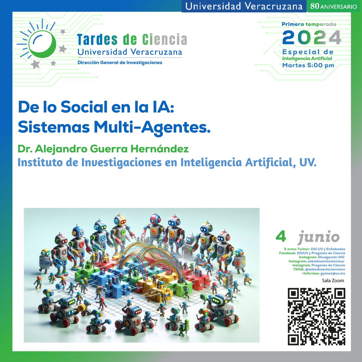 🤩📢 La <a href="/DGI_UV/">Dirección General de Investigaciones UV</a> y el <a href="/iiia_uv/">IIIA_UV</a> te invitan a la charla de Tardes de Ciencia "De lo Social en la #IA: Sistemas Multi-Agentes", con el Dr. Alejandro Guerra Hernández, investigador del IIIA. ¡¡ No te la pierdas ‼️🧠💻 
📅 Martes 4 de junio ⏰ 17:00 h.
📲 Tx Zoom y Facebook Live: DGIUV