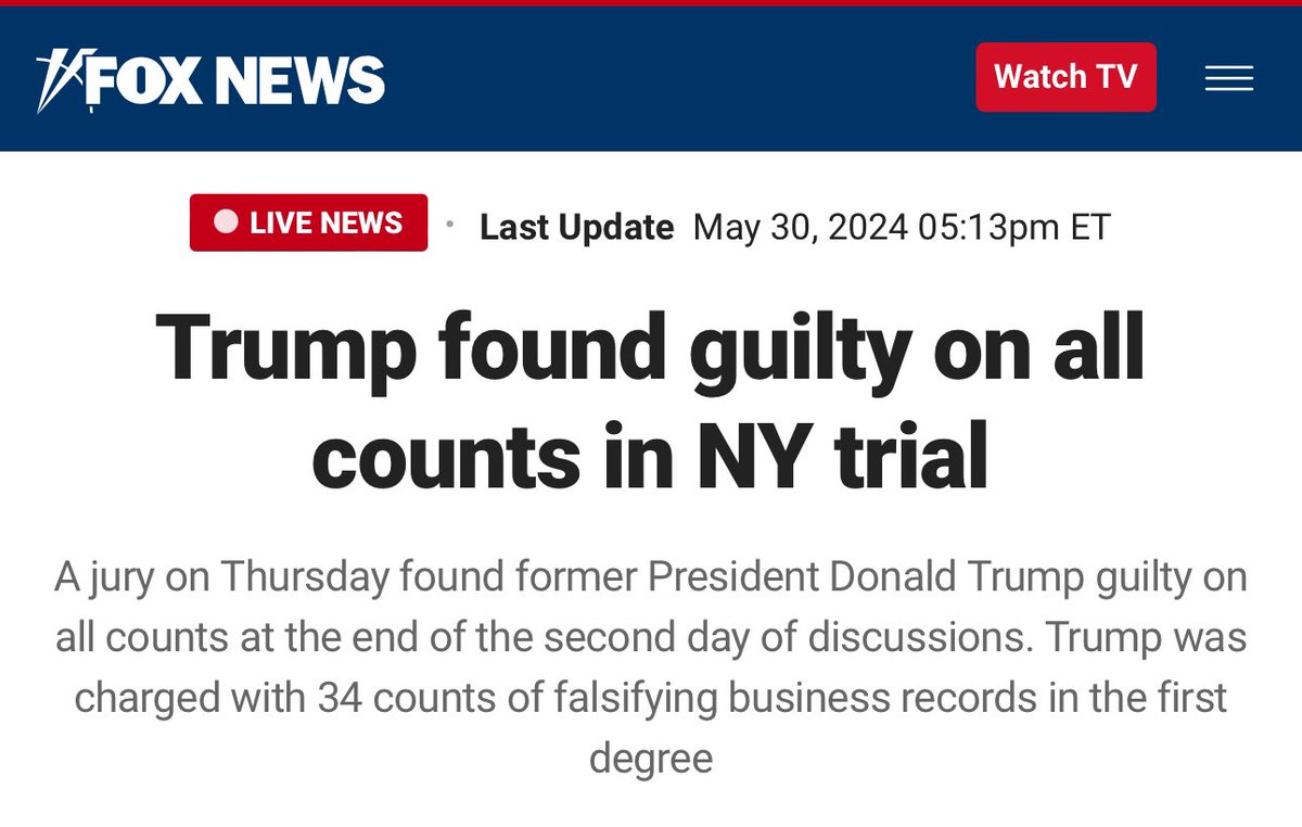 🇺🇸🚨‼️ BREAKING: Trump found guilty on all counts in NY trial A jury on Thursday found former President Donald Trump guilty on all counts at the end of the second day of discussions. Trump was charged with 34 counts of falsifying business records in the first degree