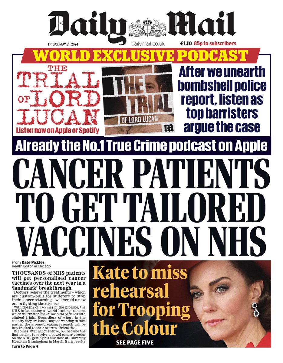 MAIL: Cancer patients to get tailored vaccines on NHS #TomorrowsPapersToday