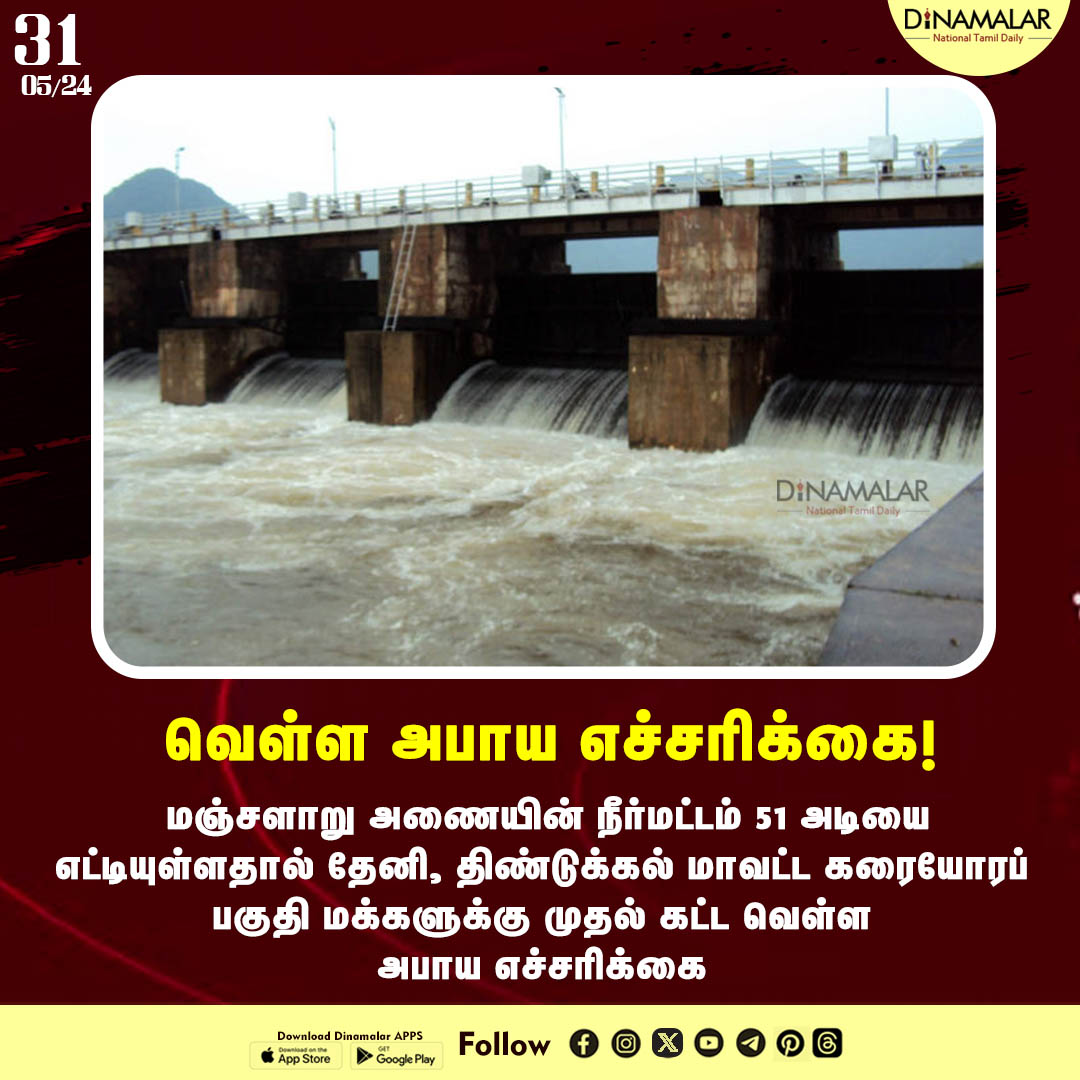 வெள்ள அபாய எச்சரிக்கை!
#FloodWarning| #manjalardam| #waterlevel
dinamalar.com