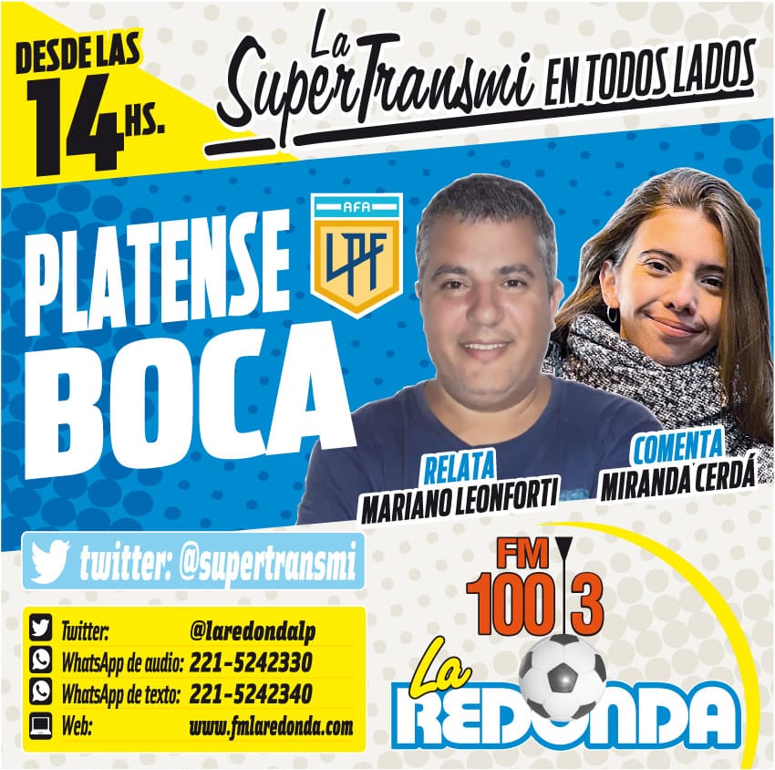 #AHORA 🎙️ #EnVivo ⚽️ #Fútbol

⚽️ ¡La #SuperTransmi de La Redonda!

⚽️ #LigaProfesional 2024 ⚽️ Fecha 4

⚽️ Juegan...

📌 #Platense  🆚 #BOCA

▶️ Relata:  Mariano Leonforti
▶️ Comenta:  Miranda Cerdá

📲 +549 221 524-2330
💻 fmlaredonda.com
📻 100.3 #LaPlata