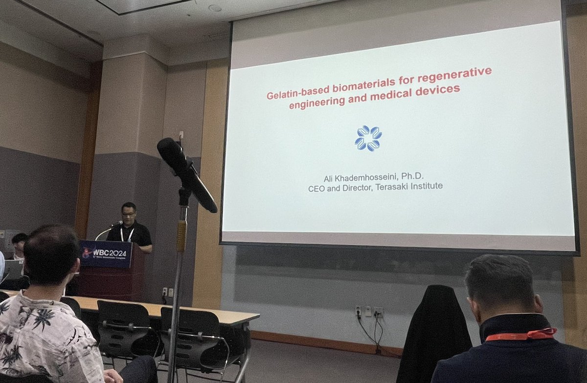 Great keynote from @khademh at @TerasakiInst discussing the different applications of GelMA in tissue engineering and regenerative medicine at @2024Wbc. -MK & RH

#biomaterials #WBC2024