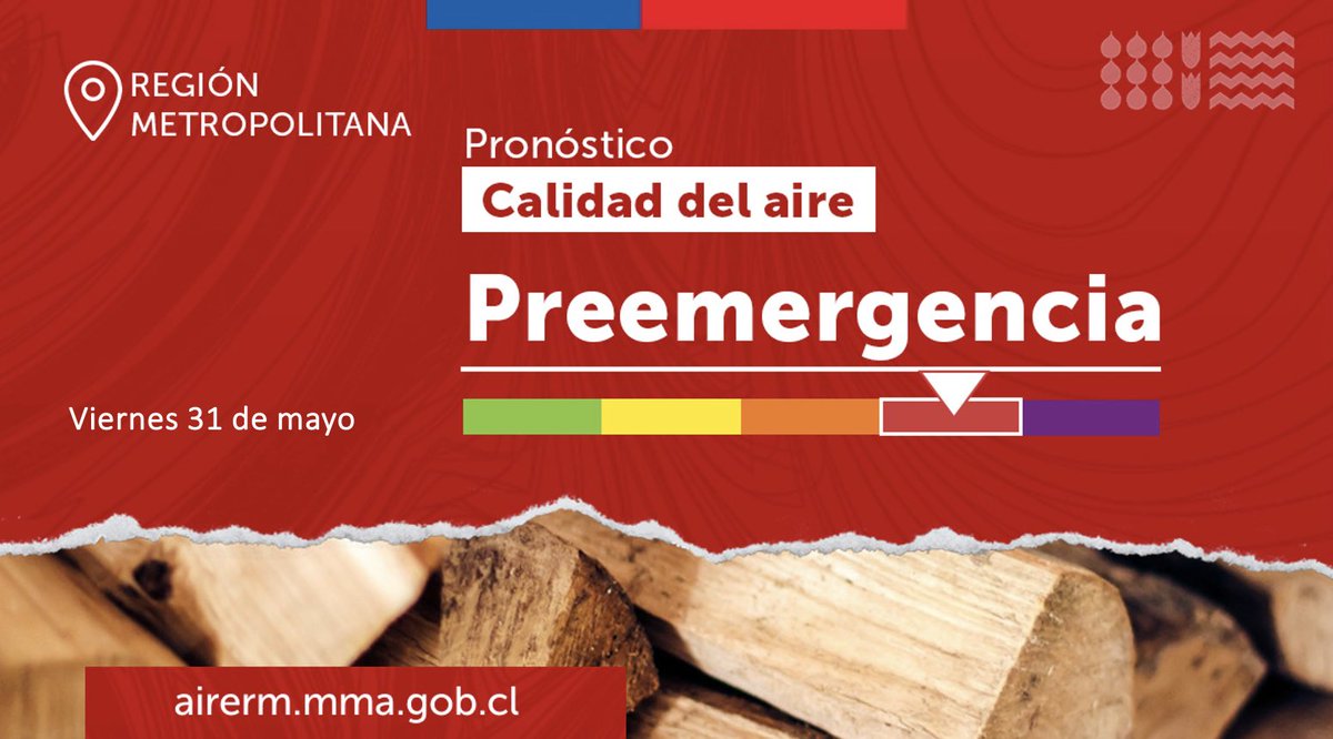 #𝗚𝗘𝗖_𝗥𝗠 | Malas condiciones atmosféricas para la Cuenca #Stgo x lo q la @DPR_RM declara para este viernes 31/05 #PREEMERGENCIA Ambiental en la #RM +INFO: 📲 airerm.mma.gob.cl