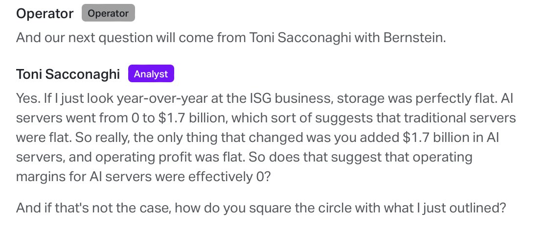 Toni Sacconaghi wiped out $10bn of market cap from $DELL with this question on AI profitability.