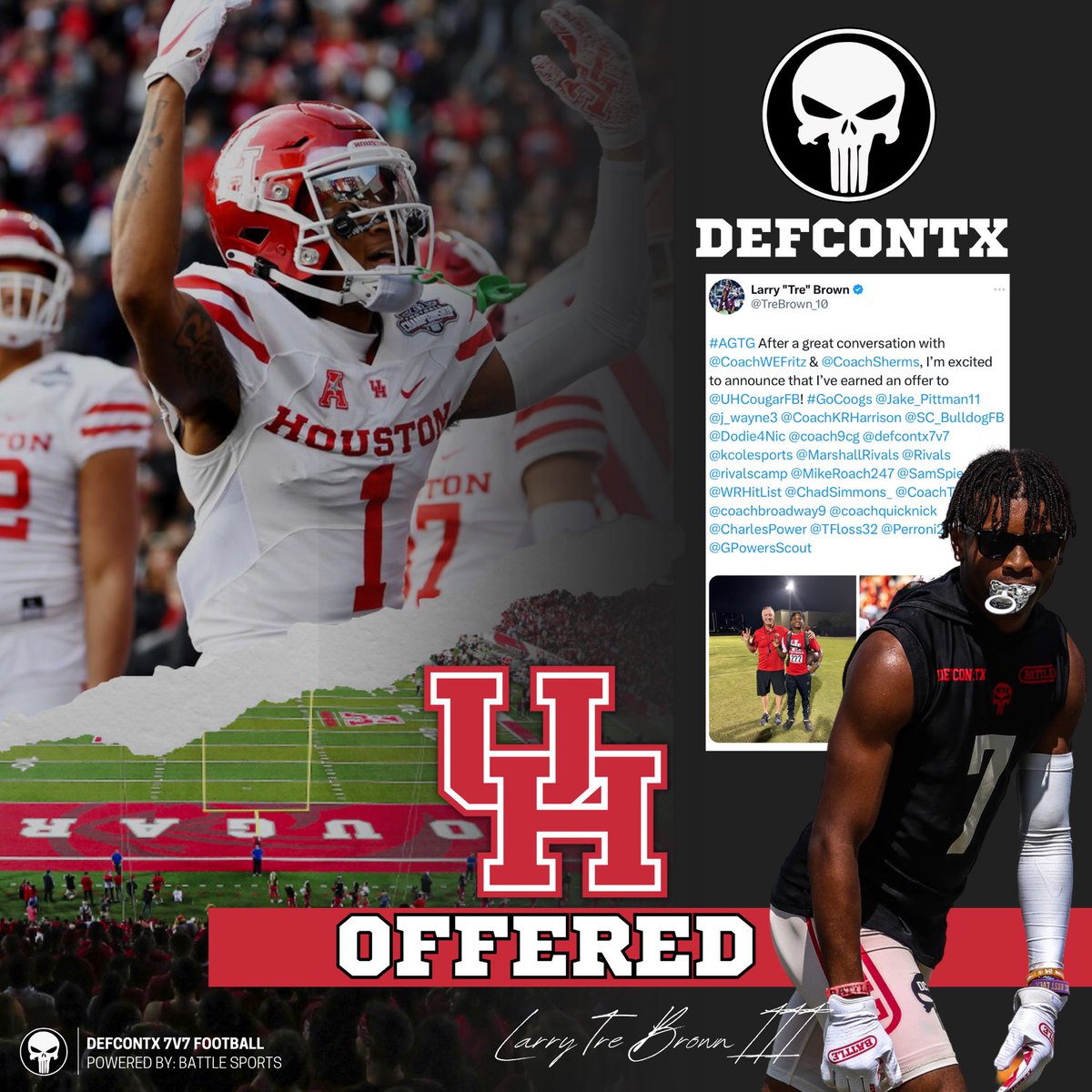 2027, WR- Tre Brown (@TreBrown_10) earns an offer to @UHCougarFB! #AGTG #GoCoogs 🔴⚪️ @coach9cg @kcolesports @samspiegs @2MGE_ @MikeM_Scout @_RL_Martin @BDammone @Rivals @On3Recruits @satxhsfb @MikeRoach247 @Perroni247 @TomLoy247