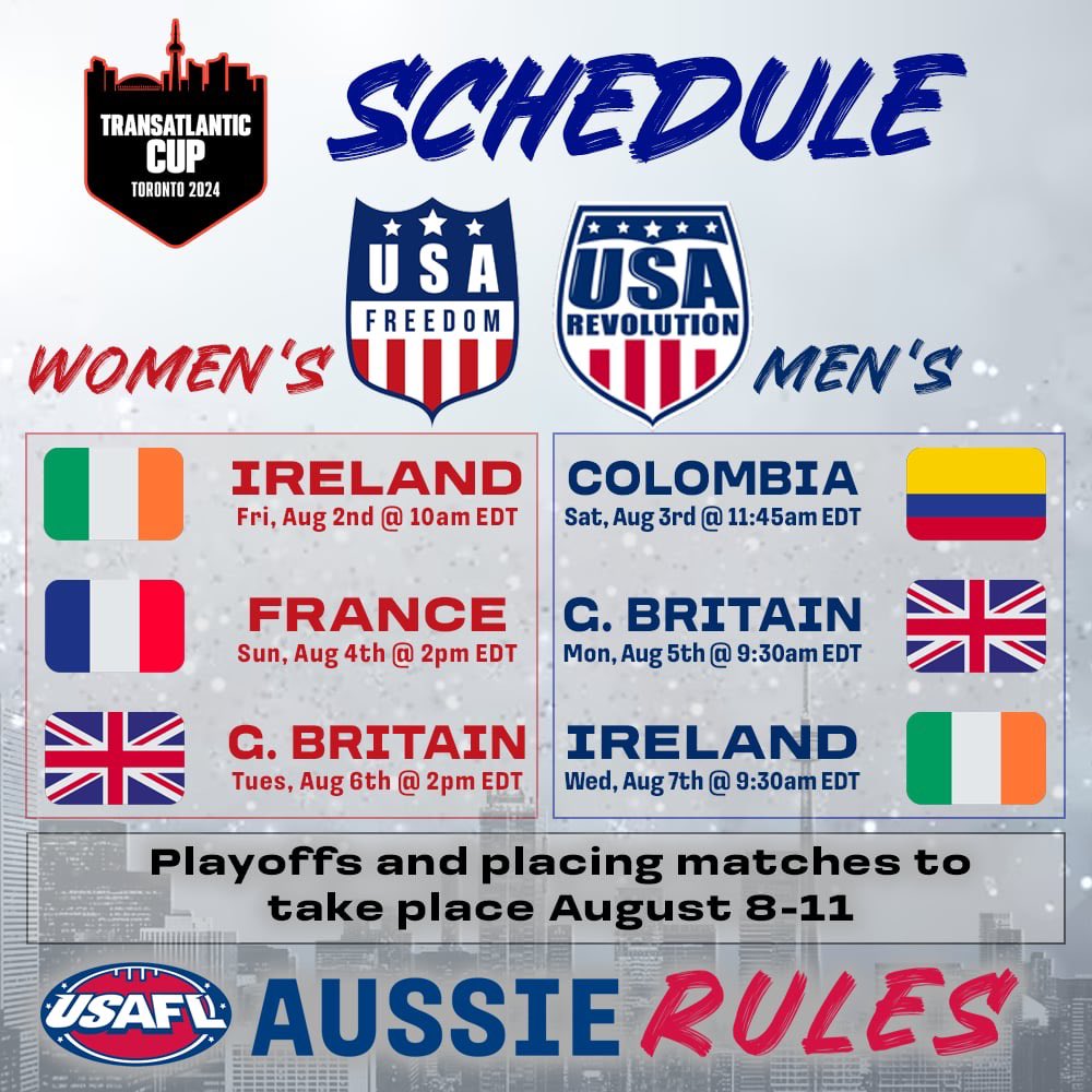 The schedule for the 2024 <a href="/AFL/">AFL</a> TransAtlantic Cup, hosted by <a href="/AFLCanada/">AFL Canada</a> is out now!

<a href="/USAFLFreedom/">USAFL Freedom</a> vs 🇮🇪🇫🇷🇬🇧
<a href="/USAFLRevolution/">USA Revolution</a> vs 🇨🇴🇬🇧🇮🇪

Semifinals are August 8/9
Grand Finals are August 11th!