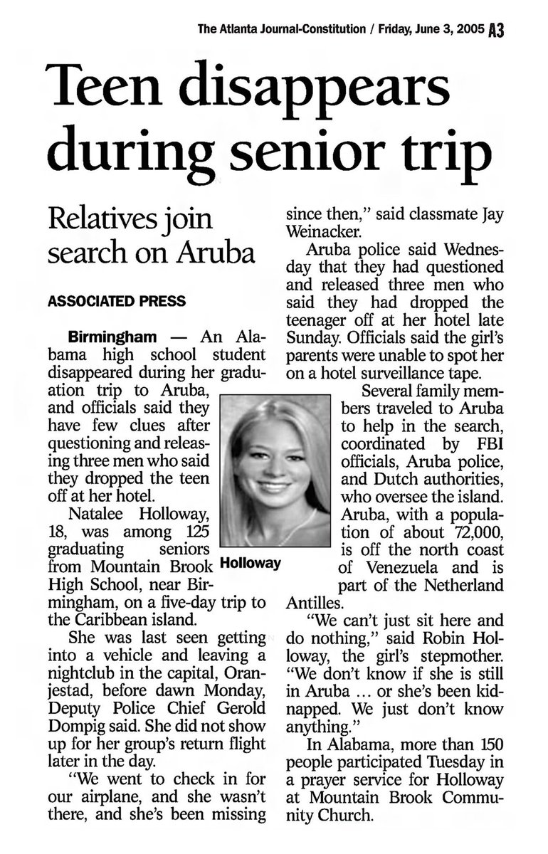 On May 30, 2005, 18-year-old Natalee Ann Holloway vanished near the end of her high school graduation trip to Aruba in the Caribbean. Substantial national and international news coverage was devoted to Holloway’s mysterious disappearance