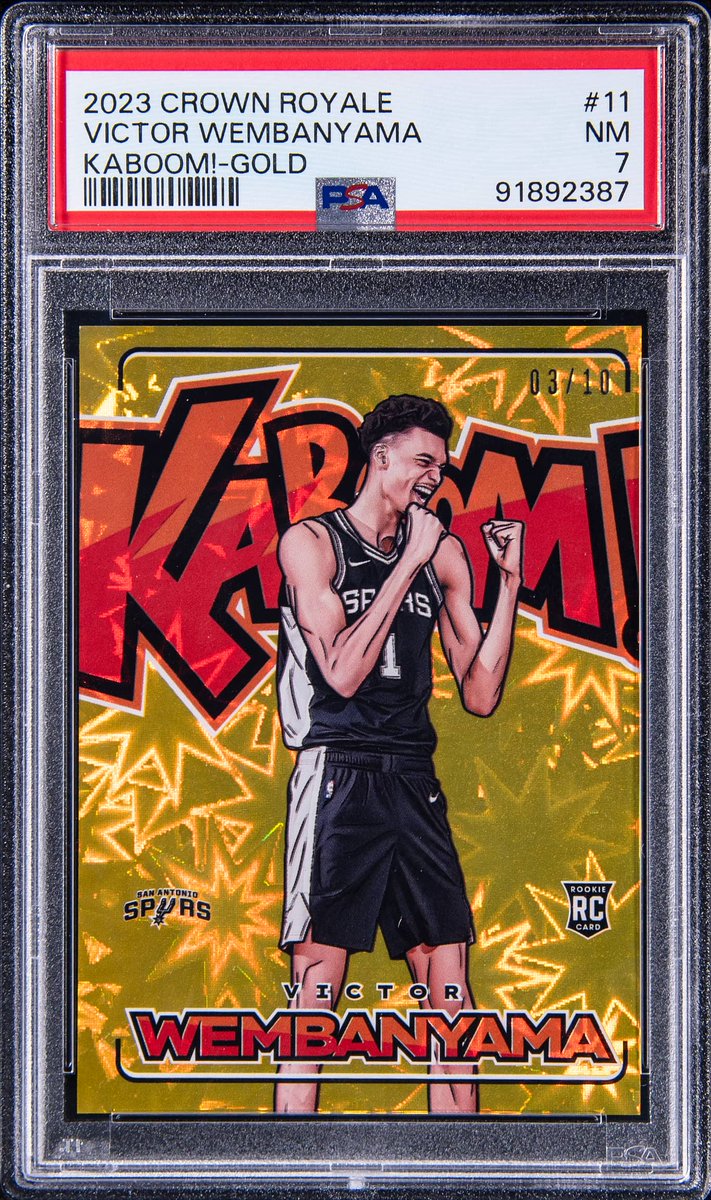 Final Sale Price on this 2023-24 Panini Crown Royale Kaboom! Gold #11 Victor Wembanyama Rookie Card (#03/10) in our Weekly Auction: $40,260