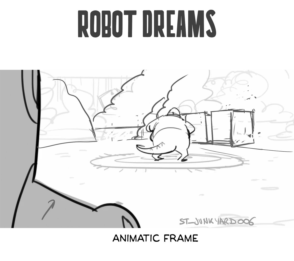 Another angle in the #RobotDreams sequence in Eddie's Scrapyard. Once more, my design began from the foundation of the animatic frame & the art director's notes. I did a lot of research on real junkyards, details, & the real Willet's Point location, digested that—then winged it!