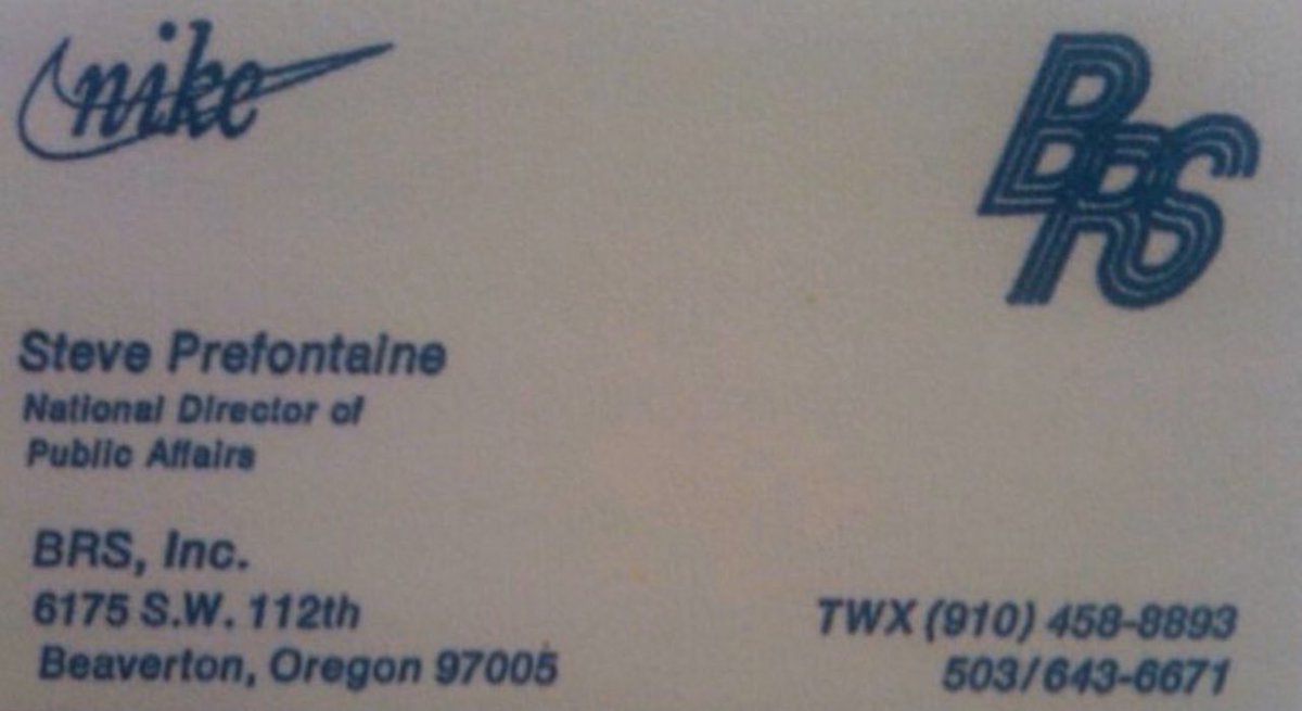 49 years ago today: Steve Prefontaine, 24, dies in car crash. 

In the summer of 1973, he became Nike’s first endorser. 

He was paid $5,000 to promote Nike and work at the Blue Ribbon shoe store in Eugene, Ore.

This was his business card.