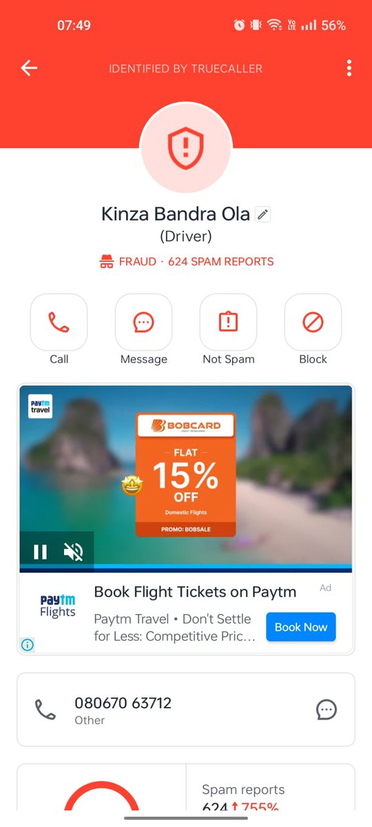 DineshBodade's tweet photo. @ola_supports @Olacabs @Olacabs @ola_supports  I am not sure how he got my personal mobile number as I sure ola app does not show personal mobile numbers. I am attaching the screenshot from the mobile number he called and the reputation of the mobile number fetched from Truecaller. https://t.co/0WOOWVzaLR