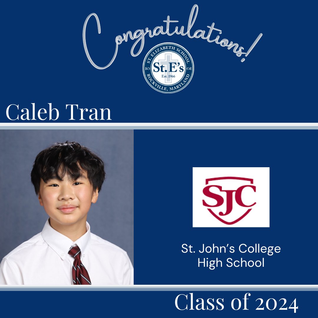 StEsRockville's tweet image. Congratulations, Caleb! Wishing you all the best at St. John&apos;s College High School next year!
#StElizabethSchool
#StEs2024
#ADWcommUNITY
@StJohnsCHS