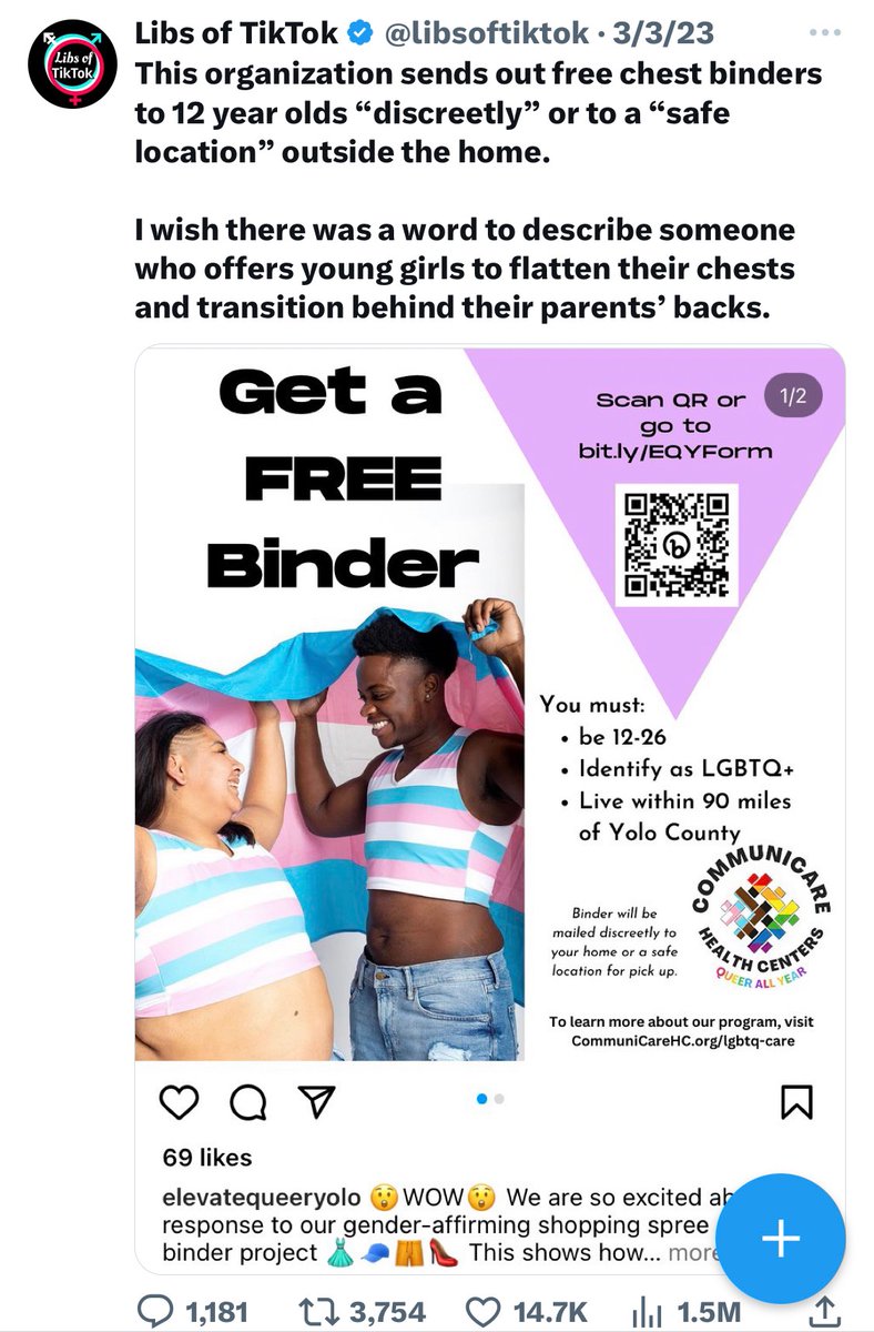 So many gender clinics in town - I missed the federally funded CommuniCare Health. This clinic has 'gender affirming' clinicians at @Djusd high school campus and gives out free breast binders and penis tucking kits to kids 12+.