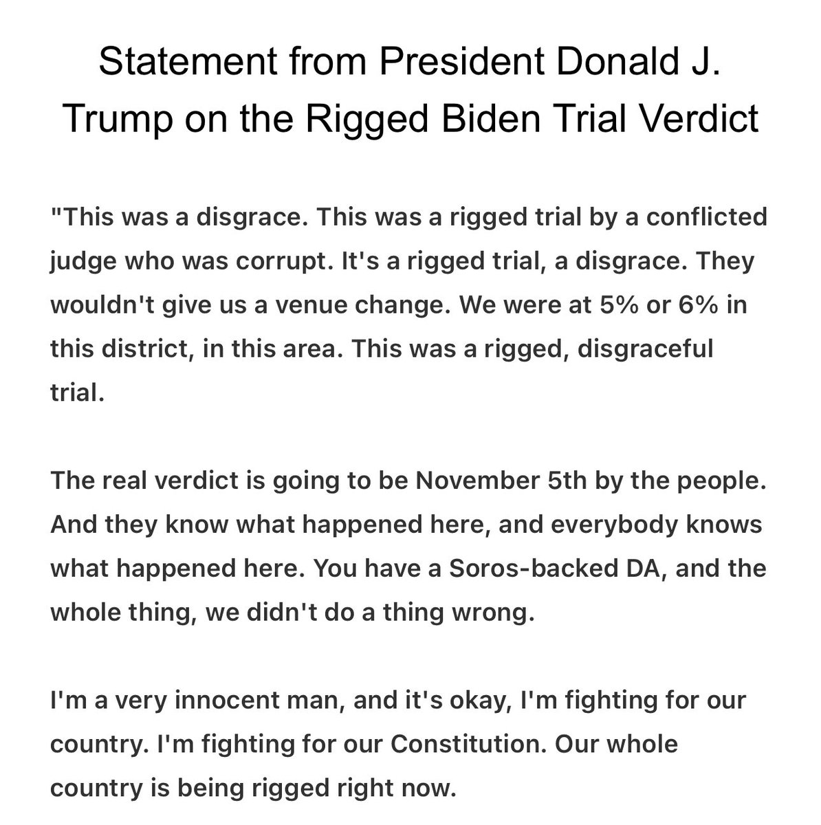 NEW: Trump statement on being found guilty on all 34 counts in criminal trial —