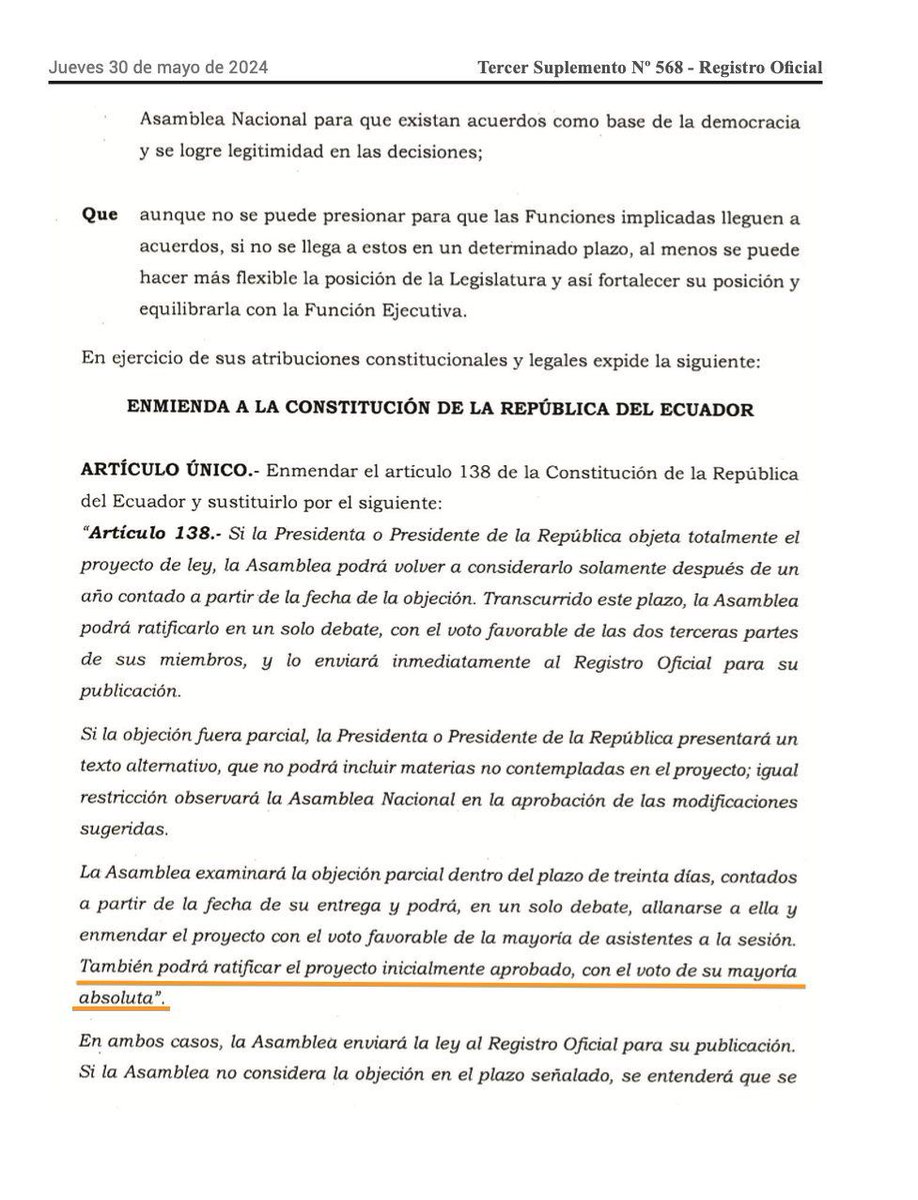 #AsambleaInforma
La Asamblea Nacional remitió al Registro Oficial la Enmienda que reforma el artículo 138 de la Constitución de la República, la misma ya fue publicada en el Tercer Suplemento No. 568-RO.
#EnmiendaConstitucional
Link de descarga: esacc.corteconstitucional.gob.ec/storage/api/v1…