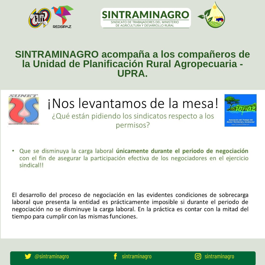 sintraminagro's tweet photo. Ante el levantamiento de la mesa de negociación entre la Administración de la Unidad de Planificación Rural y Agropecuaria - @UPRAColombia, @SUNETBogota y @BiopazSRL
@sintraminagro, los acompaña por la incertidumbre de los trabajadores de la Unidad 
Declaramos nuestra solidaridad https://t.co/BvfsszNVR6