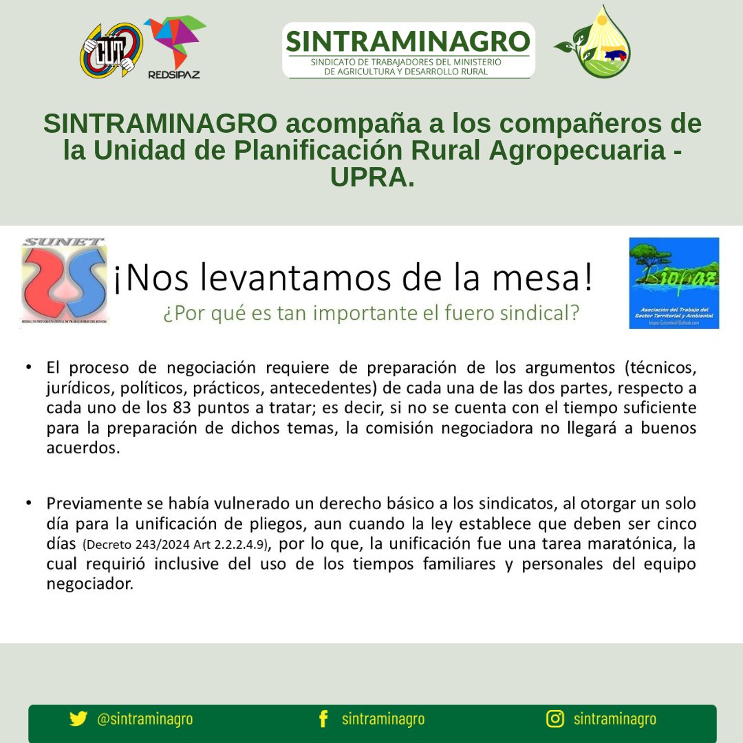 sintraminagro's tweet photo. Ante el levantamiento de la mesa de negociación entre la Administración de la Unidad de Planificación Rural y Agropecuaria - @UPRAColombia, @SUNETBogota y @BiopazSRL
@sintraminagro, los acompaña por la incertidumbre de los trabajadores de la Unidad 
Declaramos nuestra solidaridad https://t.co/BvfsszNVR6