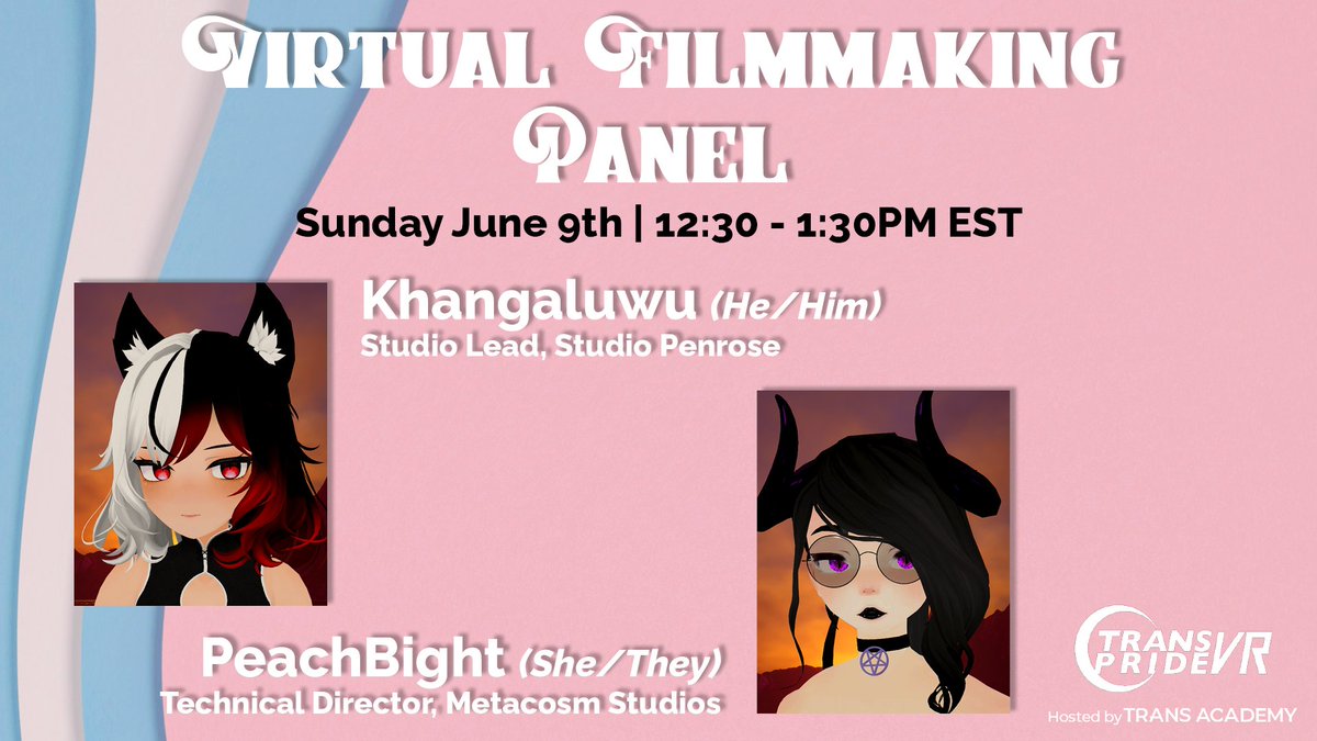 We invite <a href="/Khangaluwu/">Khangaluwu</a> &amp; <a href="/PeachBight/">PeachBight</a> June 9th, 12:30PM EST for the Virtual Filmmaking Panel! Hailing from @PenrosePictures &amp; <a href="/MetacosmStudios/">Metacosm Studios</a> respectively, they'll be giving an overview of the filmmaking process and the intersectionality of LGBTQ+ identity &amp; virtual film.
#TPVR24