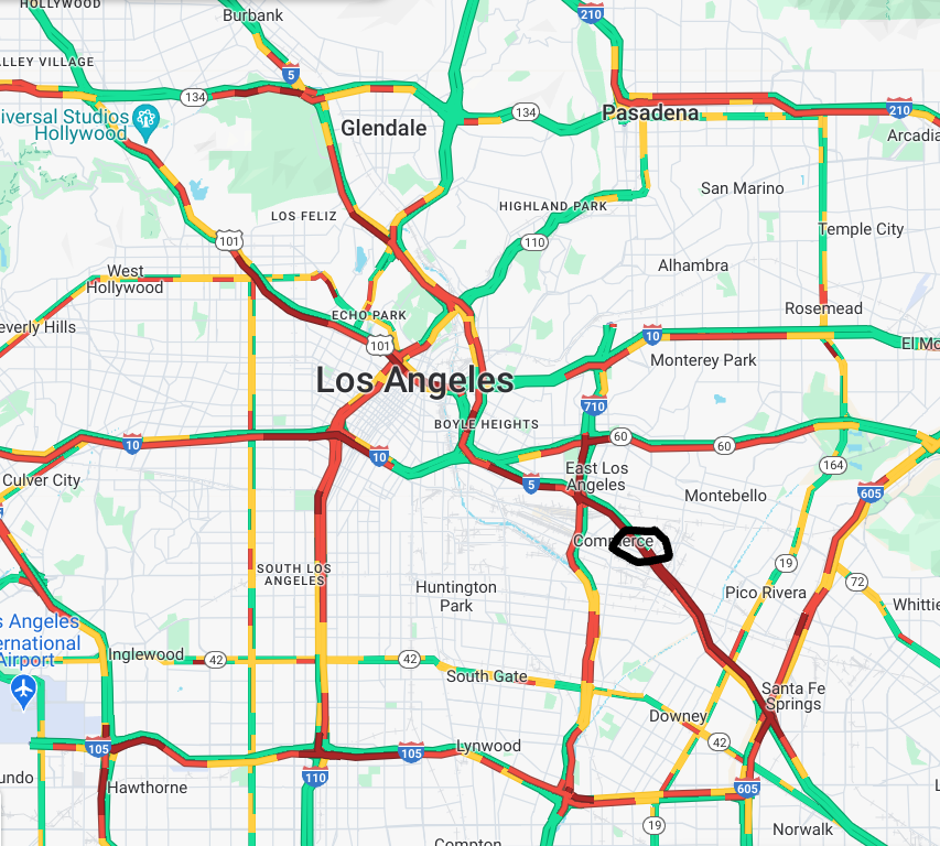 AngelOfTraffic's tweet photo. #Commerce #crash 5 NB before Washington: 3 left lanes are blocked due to a wreck. Delays out of Norwalk from Pioneer. SB slowing out of Burbank from Olive. #traffic #slow #jammed @ConwayShow @JohnKobyltRadio @KFIAM640 @kost1035fm
Photo cred: #MikeOBrien #KFIinTheSKY #flyboy https://t.co/ZQUyBXqFbc