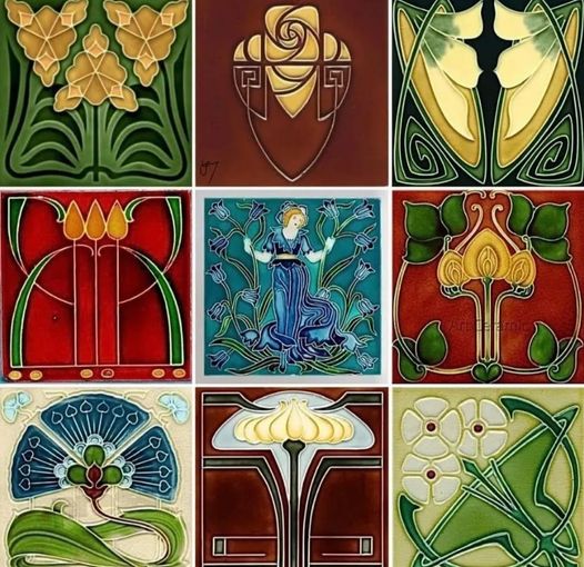 Examples of art nouveau tiles. Dates unknown but likely sometime in the early 1900s.
