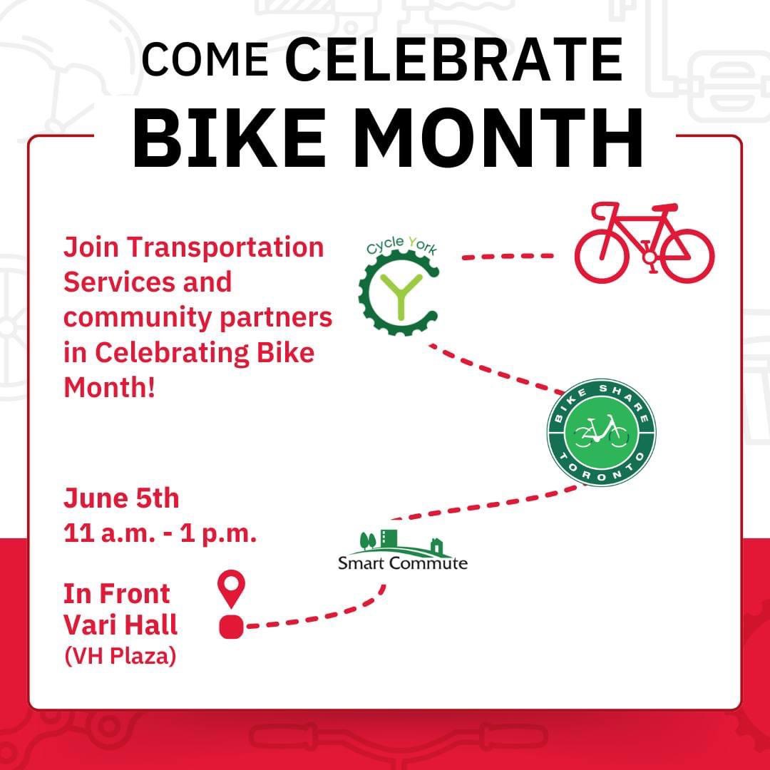 Come celebrate Bike Month with Transportation Services and partners on June 5th from 11 a.m. – 1 p.m. in front of Vari Hall.