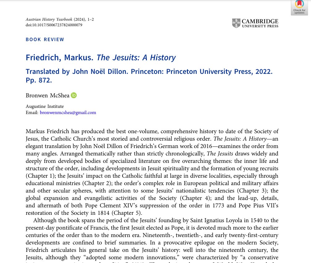 bronwenmcshea's tweet photo. I've had two scholarly book reviews published this spring -- one in @AHY_History on Markus Friedrich's book THE JESUITS and another in @ASChurchHistory   on Mary Dunn's WHEN PARALYTICS WALK AND THE BLIND SEE, both @PrincetonUPress titles from which I learned a lot. Here are previews. If any of you would like to read one or the other but can't access them through a library, I'll be happy to email you a PDF version if you message me privately and tell me your email address.
