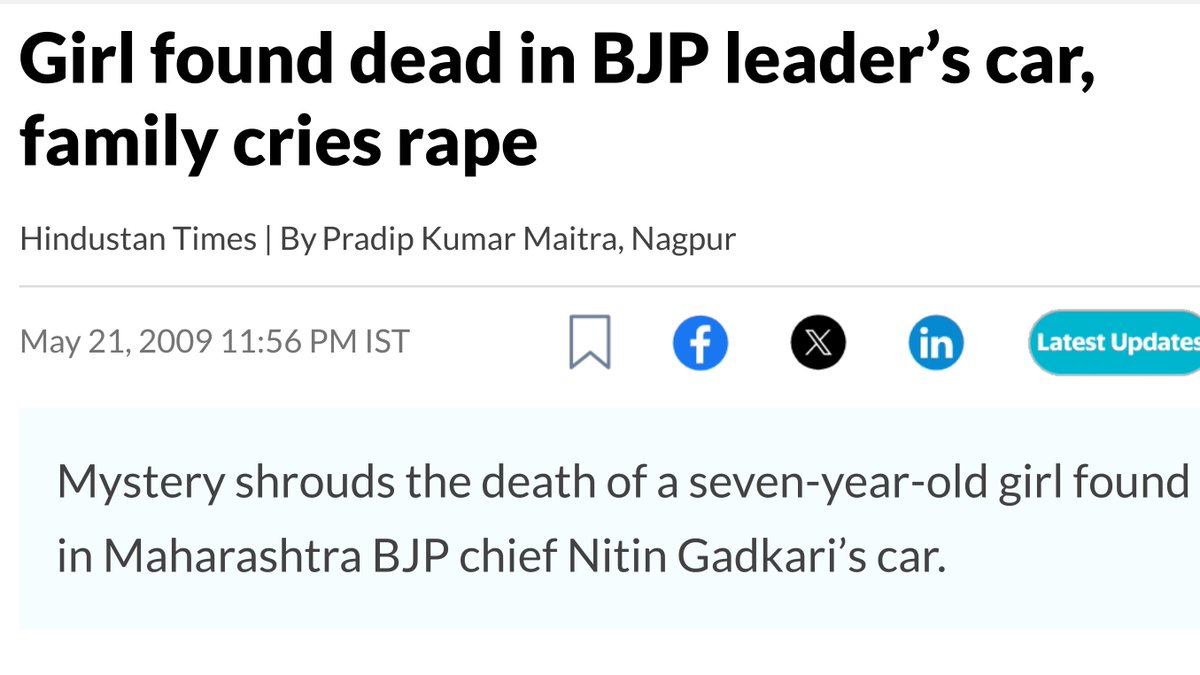 TIL a 7 year old girl was found dead in Nitin Gadkari's car, with injuries all over her body, and bloodstains on her things and underwear. WTF.
