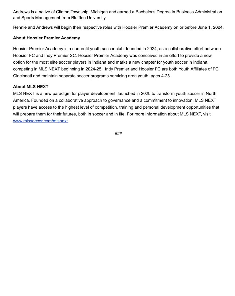 Hoosier Premier Academy is thrilled to announce Martin Rennie as its Technical Advisor and Jordan Andrews as its Director of Soccer Operations. @hoosier_fc @indypremiersc <a href="/MLSNEXT/">MLS NEXT</a>