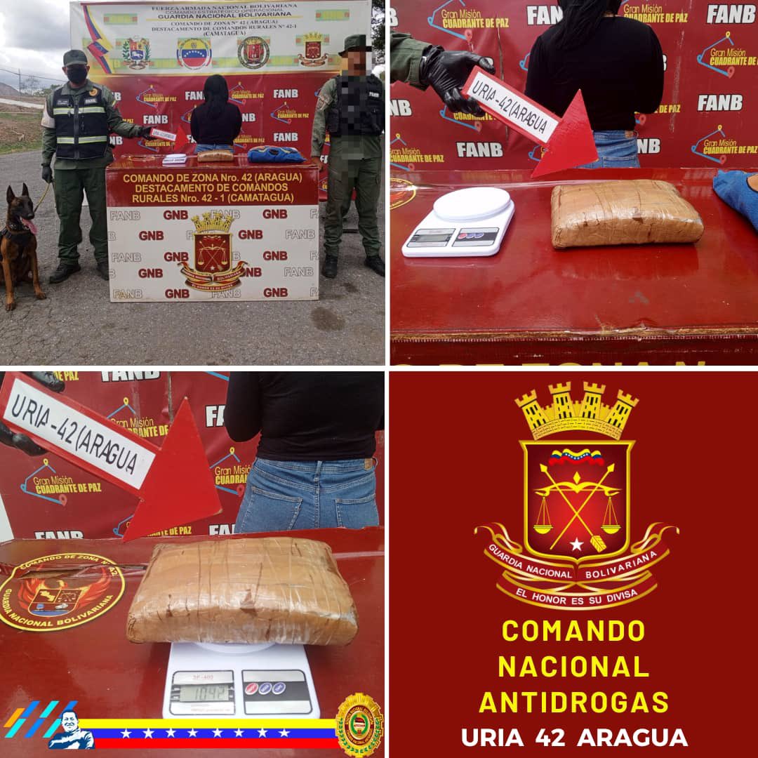 Efectivos de la #FANB en el PAC “Satelite” edo. Aragua incautaron un envoltorio de Marihuana con peso de un Kilo cuarenta y dos gramos (1,042 Kg) oculto dentro de una almohada de una cddna. detenida quien se trasladaba en autobús desde Caracas hasta San Juan de los Morros Guárico