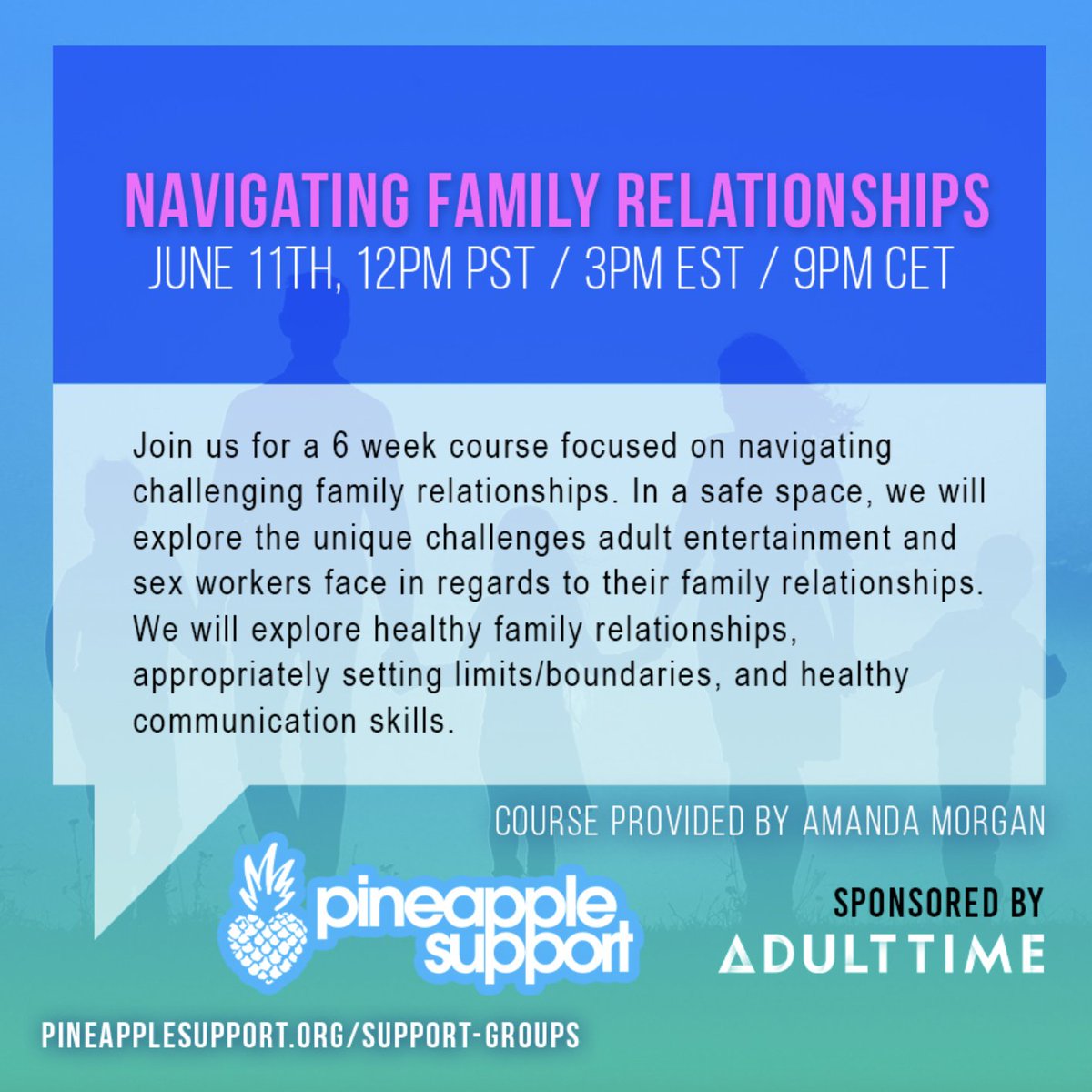Navigating family dynamics as a sex worker can be tough. Our 6-week support group starting June 11th offers a safe space to discuss and learn 
Sign up: pineapplesupport.org/support-groups/

Sponsored by @AdultTimecom 
 #FamilyRelationships #SupportGroup